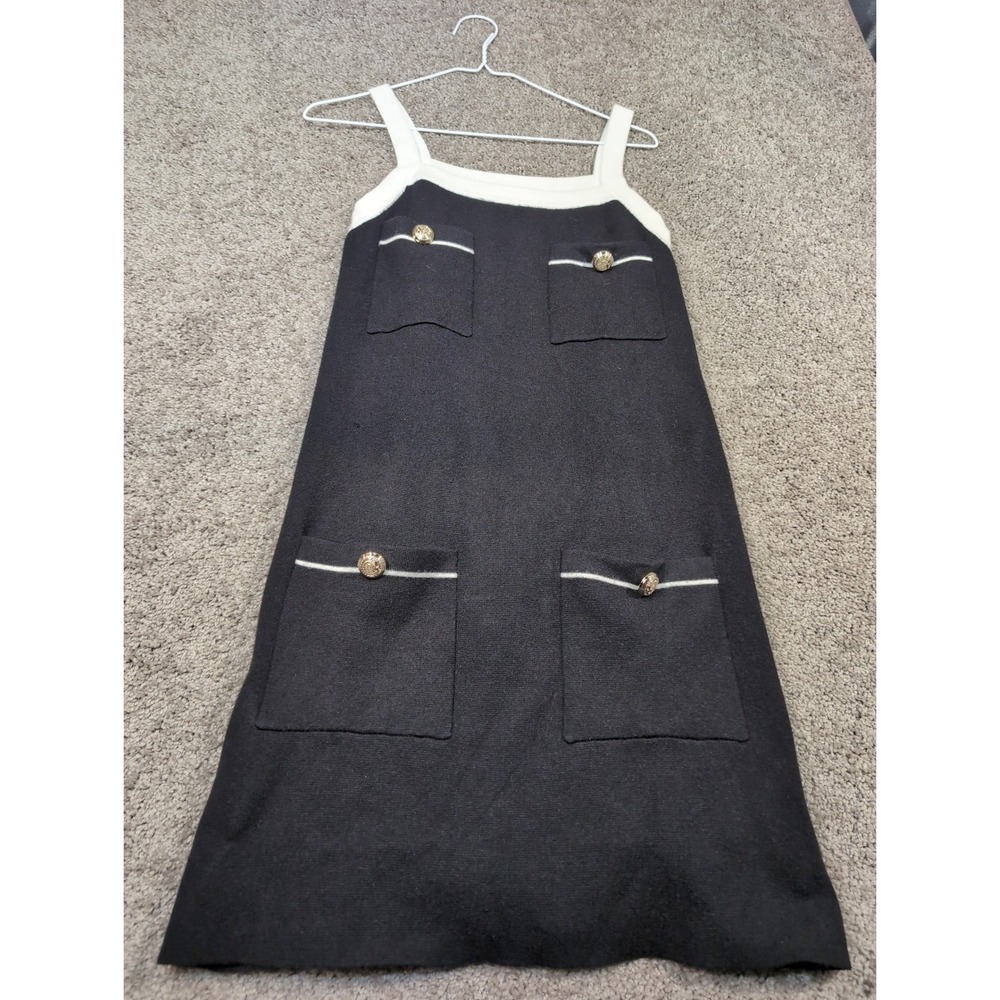 English Factory Black Dress with Cream Trim and Gold Buttons